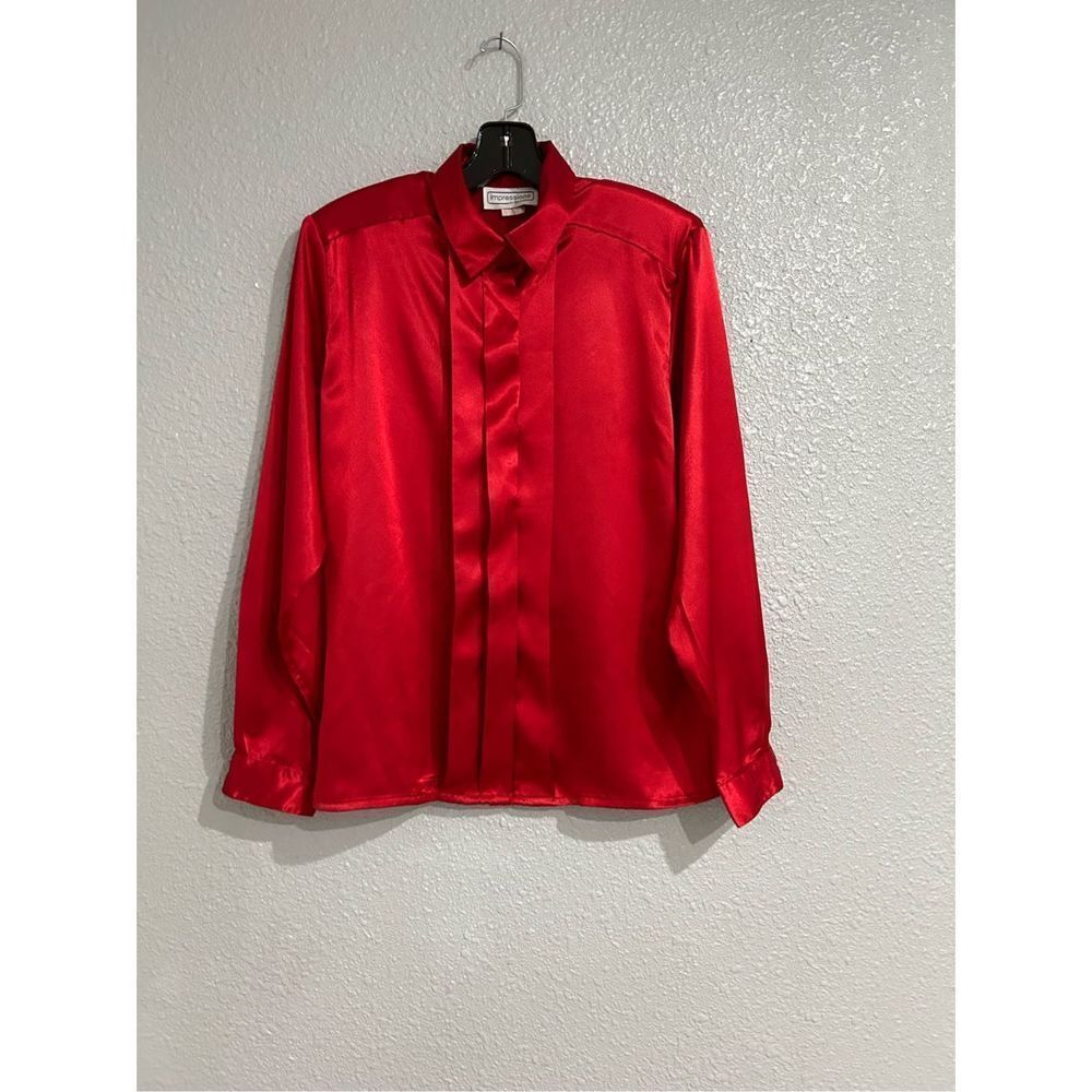 Vintage 90s Red Satin Long Sleeve Button Up Shirt Blouse Top Classic Office L